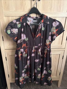 Urban Outfitters Black Floral Short Sleeve Collared Dress with Orange Accents